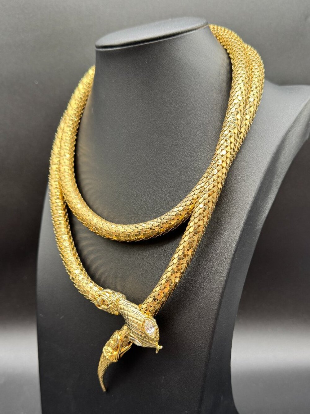 Vintage 1980s Adjustable Gold Tone Snake Necklace / Belt Clear Rhinestones 42 in